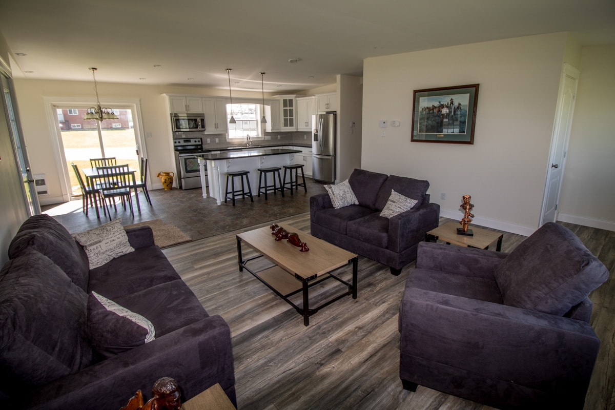 The living room and kitchen of our Maple Leaf Display home.